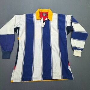 AZ Rugby Polo Shirt Men's Medium Blue White Striped Long Sleeve Casual Classic